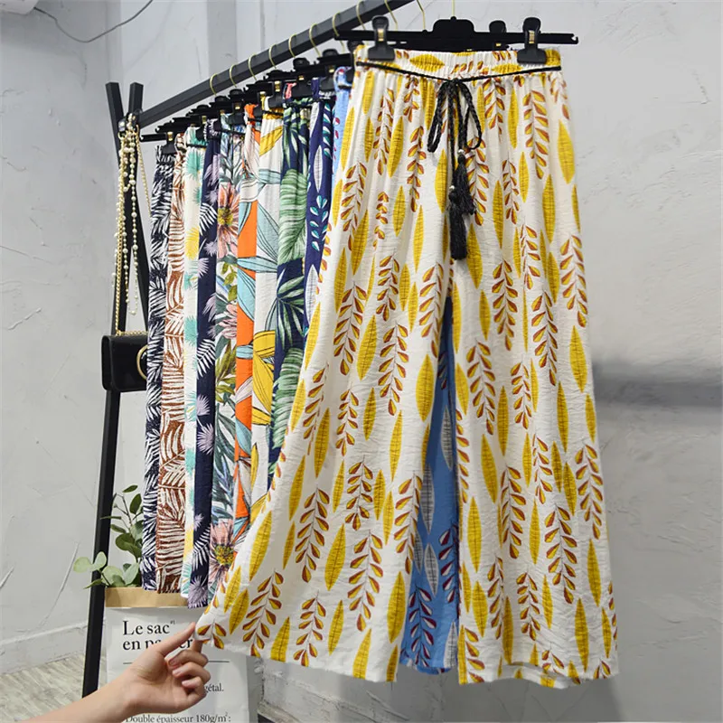 

New Women Ice Silk Chiffon Wide Leg Pants Summer Autumn Drawstring Elastic High Waist Trousers Female Casual Loose Pant SF1272