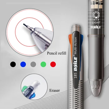 

4 Colors Ballpoint Pens 1 Mechanical Pencil 5 In 1 Ball Pens Multicolor With Eraser Ball Pens For School Office Stationery