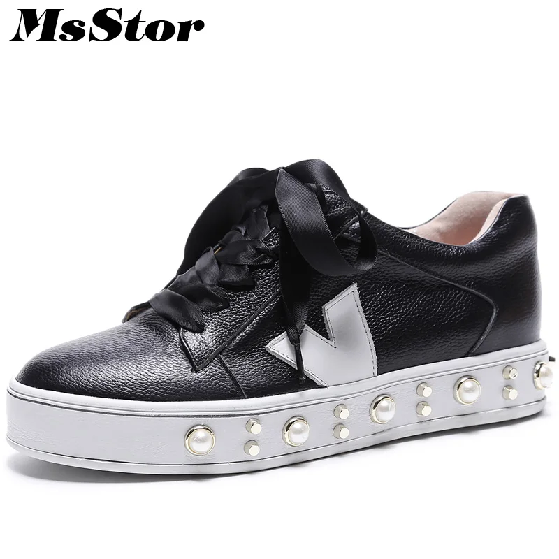 

MsStor Round Toe Cross Tied Women Flats Casual Fashion Mixed Colors Ladies Flat Shoes 2018 Spring Rivet Pearl Women Flats Shoes