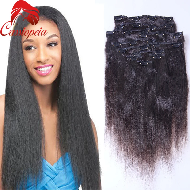 Light Yaki Straight Clip In Hair Extensions Full Head Coarse Yaki Clip
