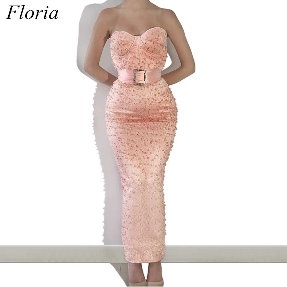 

Plus Size Pink Sexy Evening Dresses Mermaid With Pearls And Sash Strapless Sleeveless Ankle Length Evening Prom Party Gowns