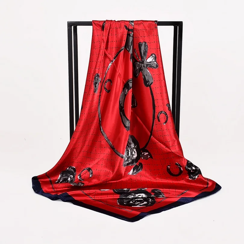 [BYSIFA] зимний квадратный атласный платок накидка темно-синий розовый пион шелковый шарф с рисунком шаль весна осень женский шарф головные уборы