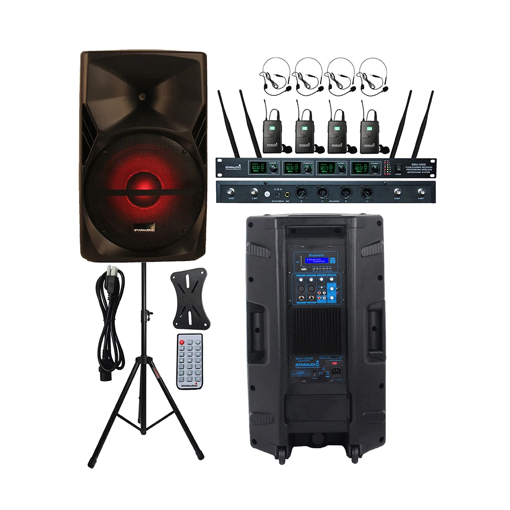 

STARAUDIO 15 Inch Active 3500W DJ PA Powered Active Speaker DJ Party Stage PA Stand 4CH UHF Wireles Headset Lapel Mic SPS-15RGB