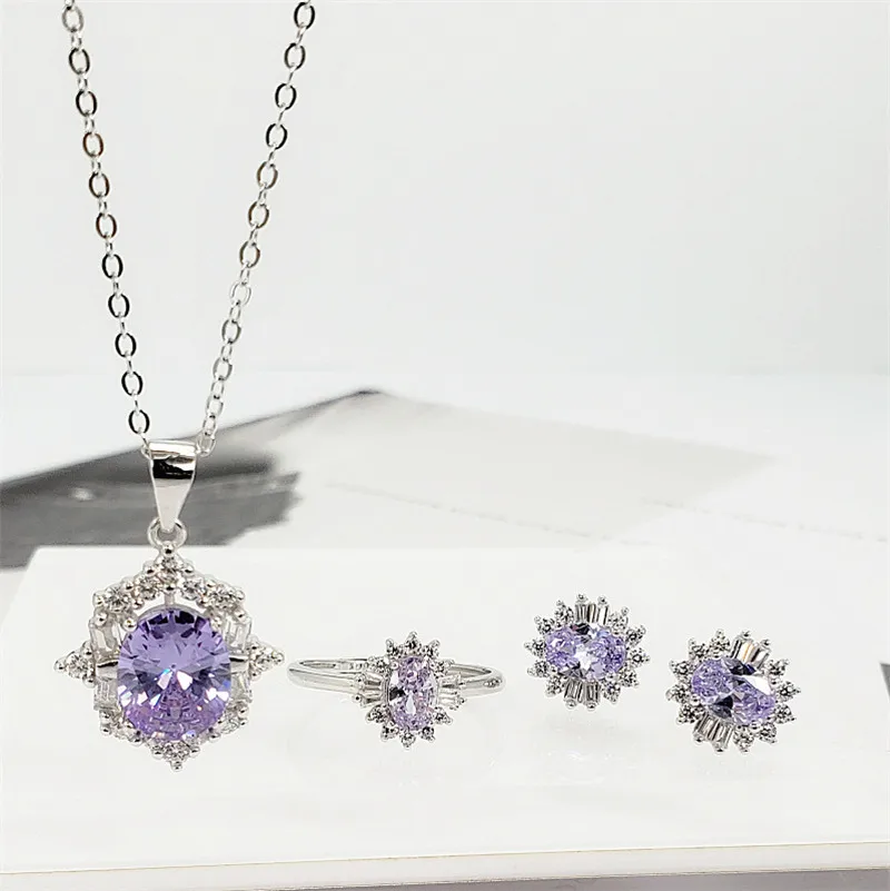 Silver Light purple Натуральный кристалл драгоценный камень 925 пробы серебро роскошный комплект ювелирных изделий синий/золотой/Фиолетовый аметист красный рубин камни ожерелье серьги кольцо - Цвет камня: Silver Light purple