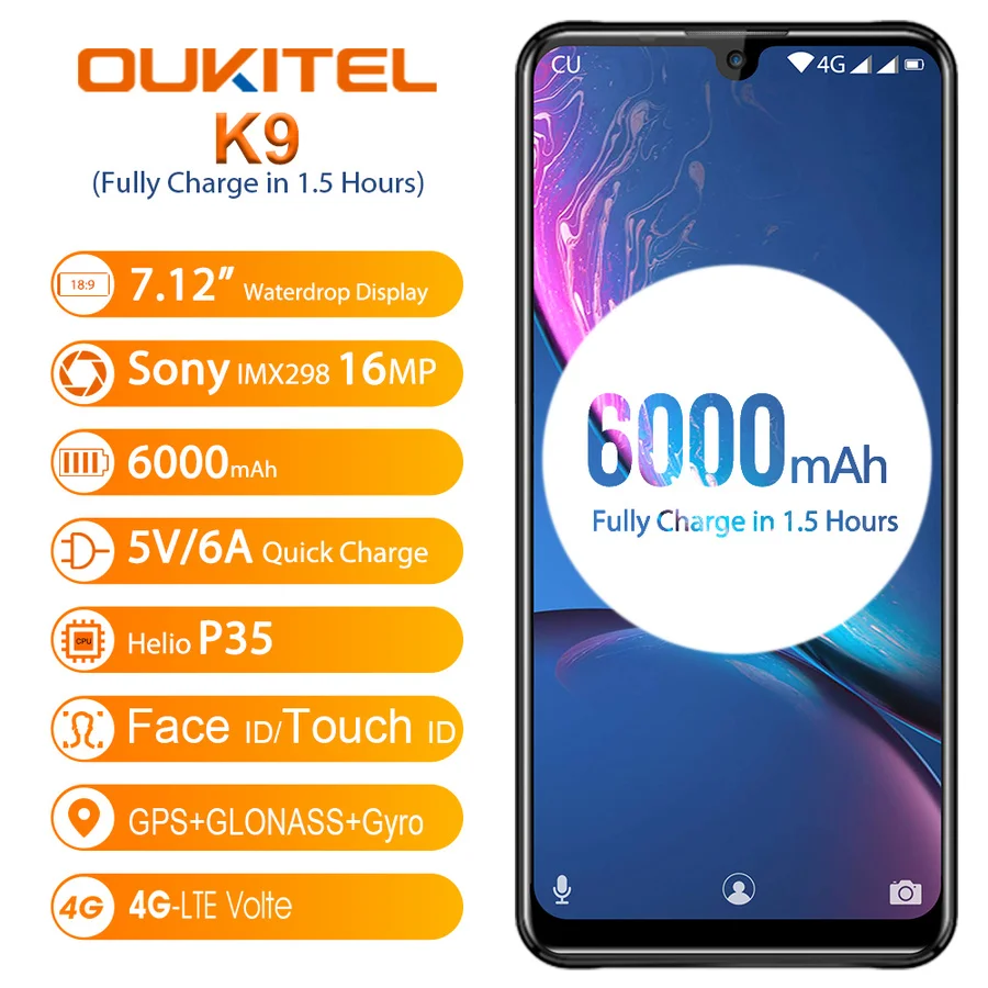 OUKITEL K9 водослива 7,1" FHD+ 1080*2244 16MP+ 2MP/8MP смартфон 4GB 64GB Face ID 6000mAh 5 V/6A Быстрая зарядка OTG Мобильный телефон