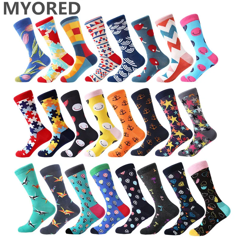 MYORED 1 pair men socks combed cotton bright colored funny socks men's