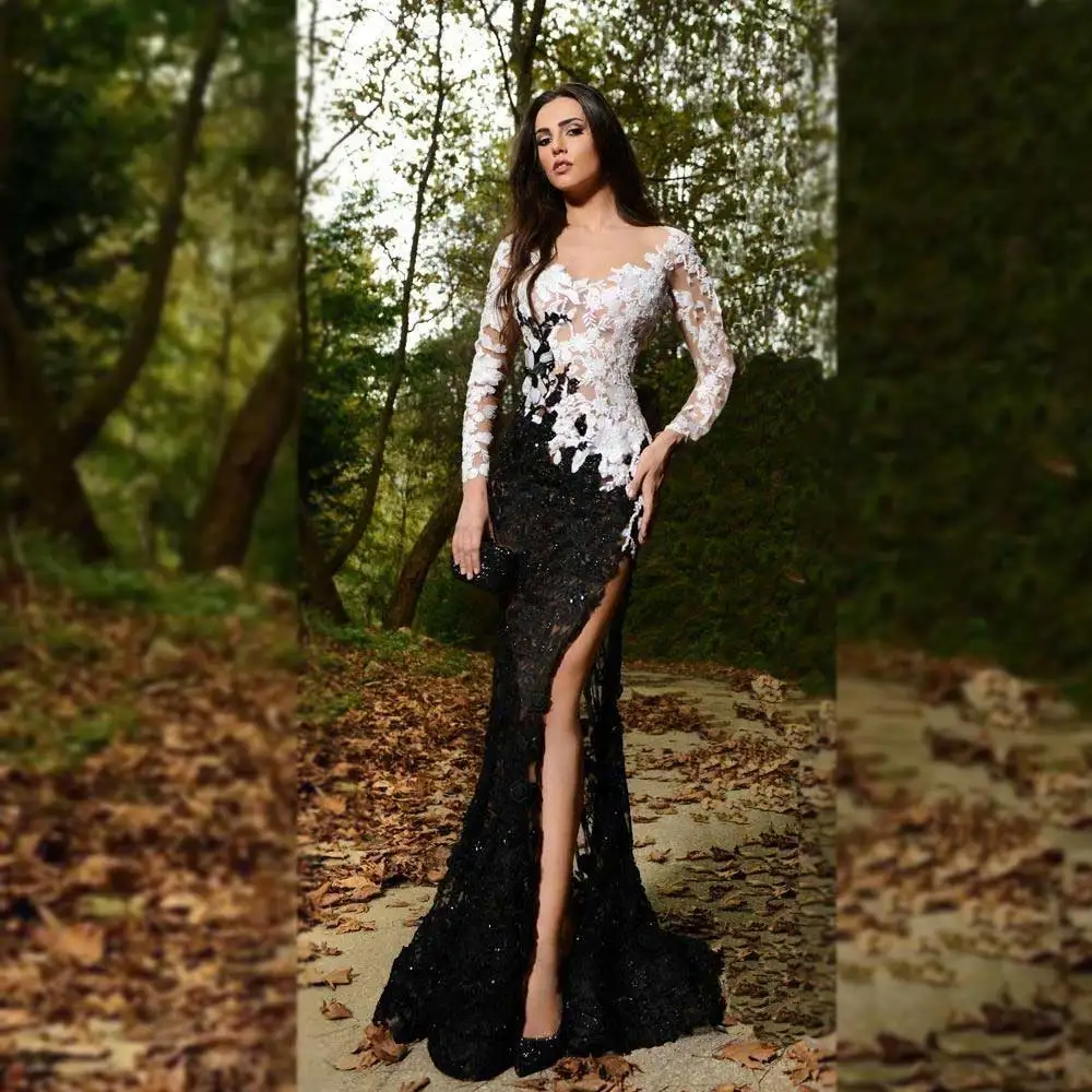 

2019 Sexy Black and White Full Lace Evening Dresses V-Neck Long Sleeve Prom Gowns Elegant Side Split Long Party Dresses X-22