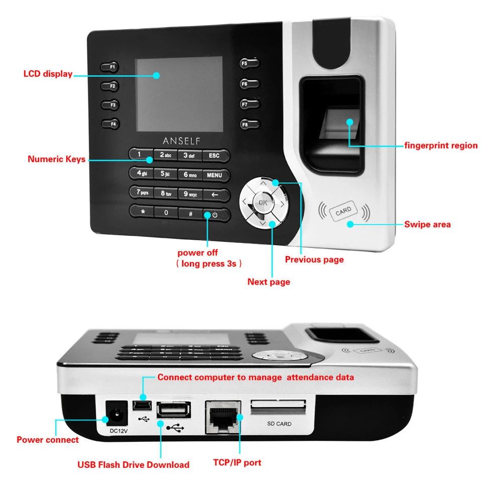 2," TFT ЖК-дисплей Дисплей отпечатков пальцев посещаемости машины ID Card Reader TCP/IP Функция USB DC12V/1A время часы регистраторы