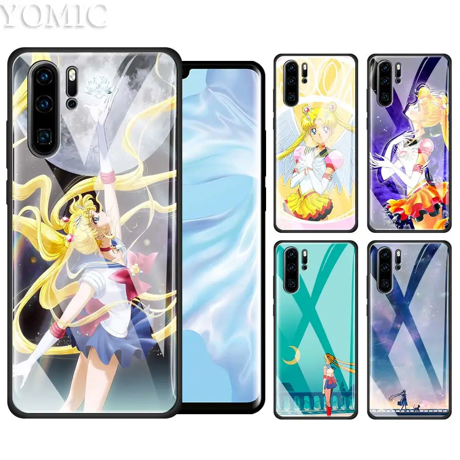 

Tempered Glass Case for Huawei P20 P30 P10 Mate 10 20 Lite Pro Honor 8X 20Pro Luxury Bags Cas Phone Cover Sailor Moon Girl Casos