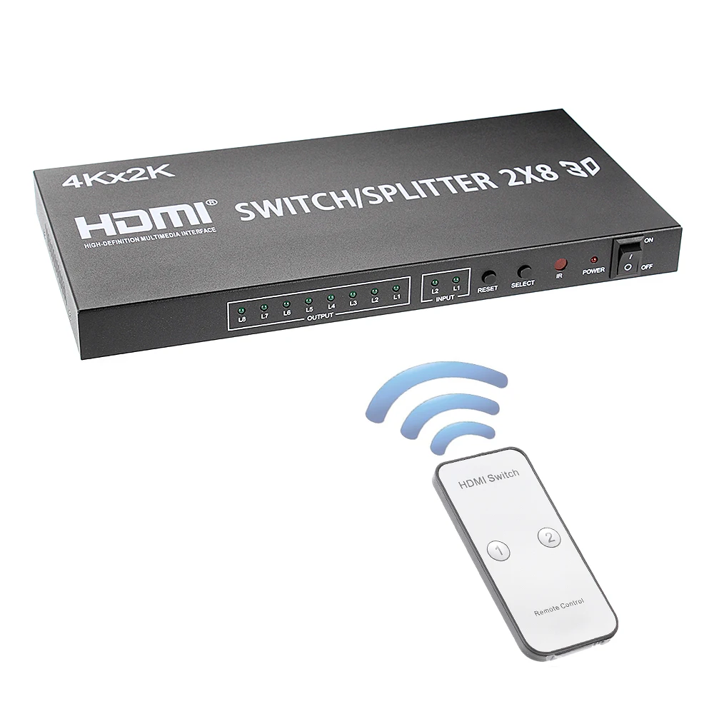 Full HD 1080 P 3D 4 К 2x8 HDMI V1.4 переключатель 2 в 8 Выход HDMI Splitter Matrix для DVD PS3 ТВ Box HD ТВ с Питание + пульт