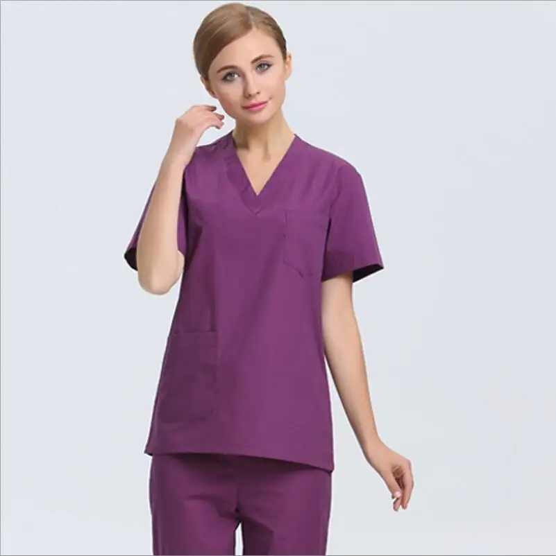 V Neck Новые осенние Для женщин больничный медицинский скраб комплект одежды модный дизайн в обтяжку стоматологические халаты Красота салон фиолетовый медсестра форма - Цвет: V Neck
