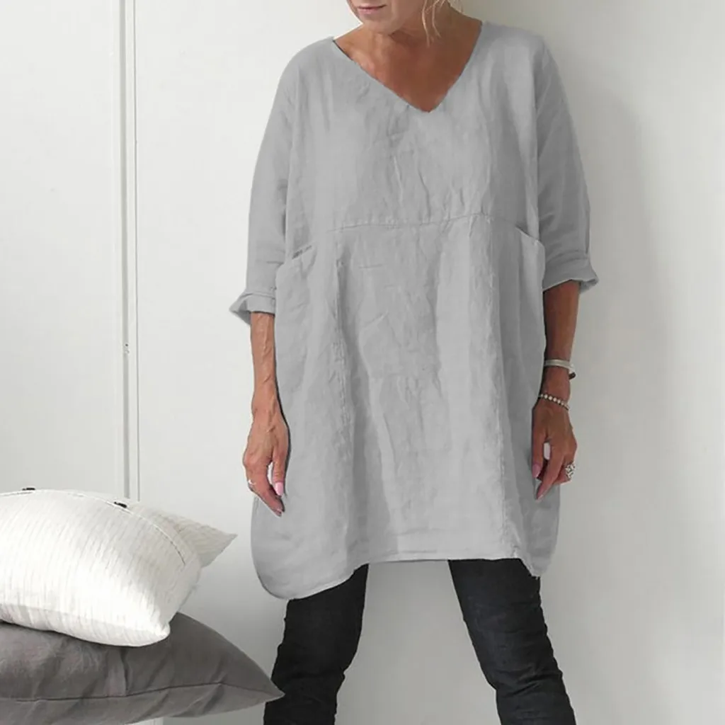 

Feitong Linen Large Size Blouse Women Round Neck Short Sleeve Blouse Cotton V-Neck Top Summer Casual Tunic shirt camisa feminina