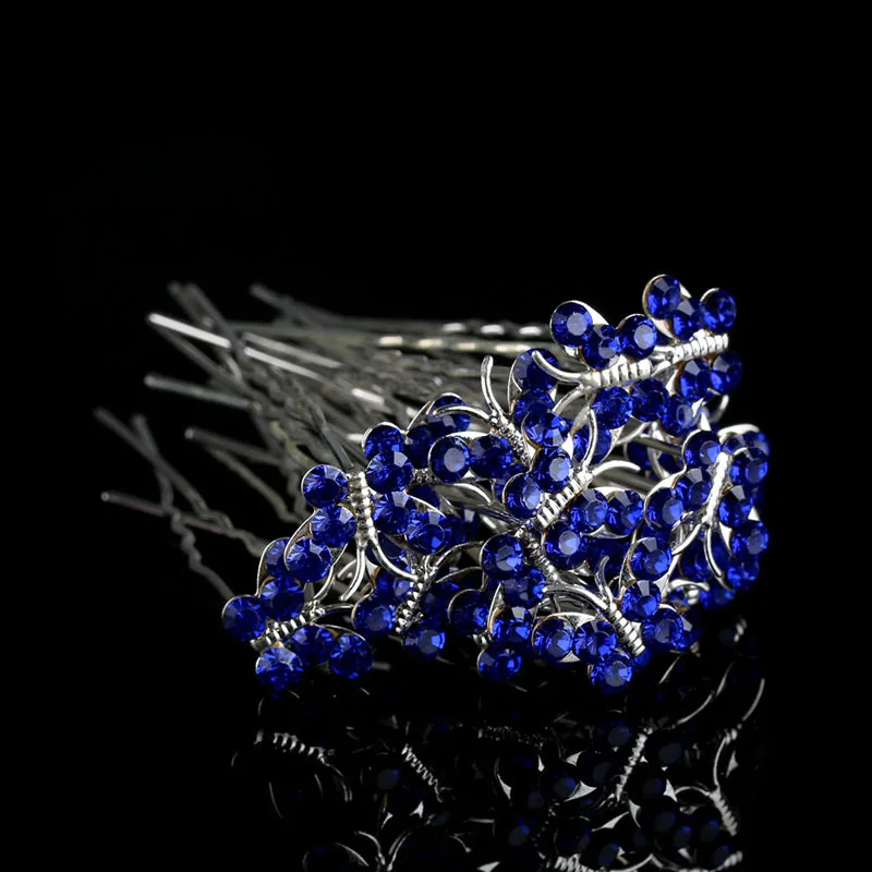 Горячая 10 шт. разноцветные хрустальные бабочки заколки для волос свадебные шпильки для прически невесты ювелирные изделия женские аксессуары для волос - Окраска металла: Blue