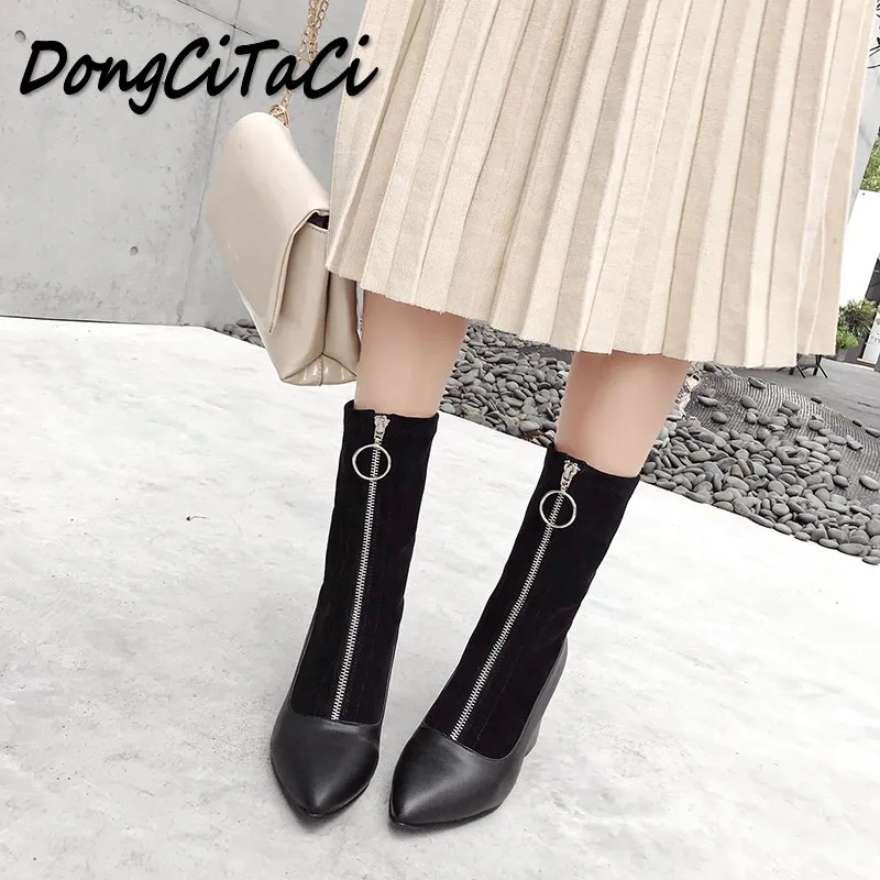 

DongCiTaCi Winter Women Ankle Boots Shoes Woman Pointed Toe Pumps Female Fashion Metal Decoration Zipper Thick Heel Short Boots