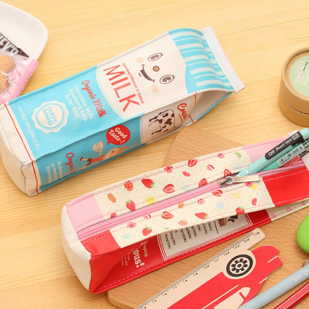 Lovely Simulation of Milk Cartons Pencil Case PU Leather Pen Storage Bag Stationery Office School Supply
