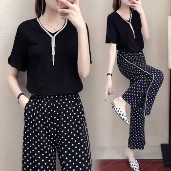 

Plus Size 5xl Dot Pant Suit Two Piece Set Fashion Thin Women's Summer Suit Year-old Female Costume Survetement Femme 2 Piece