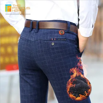 

Plaid Blue Warm Men's Trouser Solid lining Velvet Slim Fit business pants Male Elastic Pants Fashion Straight type Midwaist