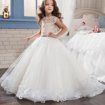 

New White Girl Dresses Lace Applique Short Sleeve Tulle Ball Gown with Beaded Sash First Communion Gowns