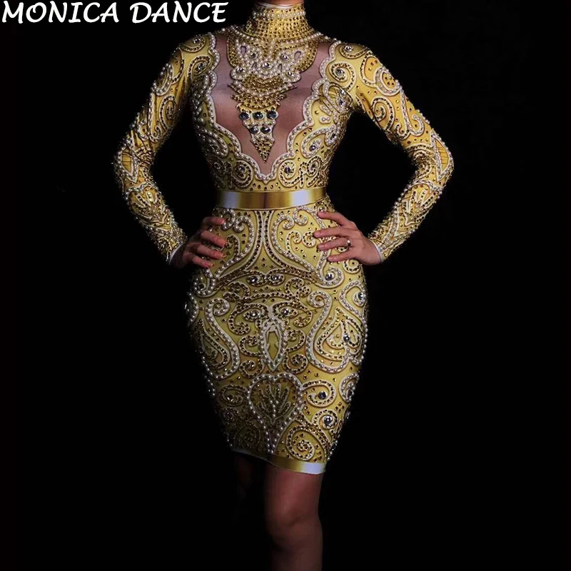 

Women Sexy Rhinestones Pearls Dress Long Sleeves Women's Gold Dress Female Singer Costumes Birthday Celebrate Evening Wear Dress