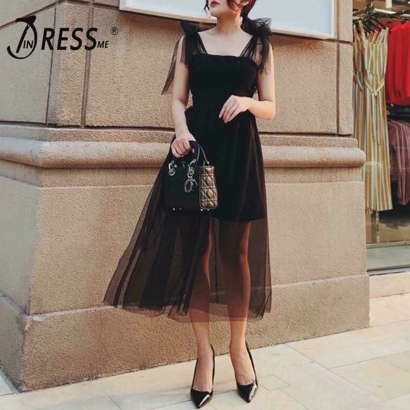 

INDRESSME 2019 New Women Gown Dress Short Flare Lace Up Sleeve Mesh Summer Fashion Lady Dress