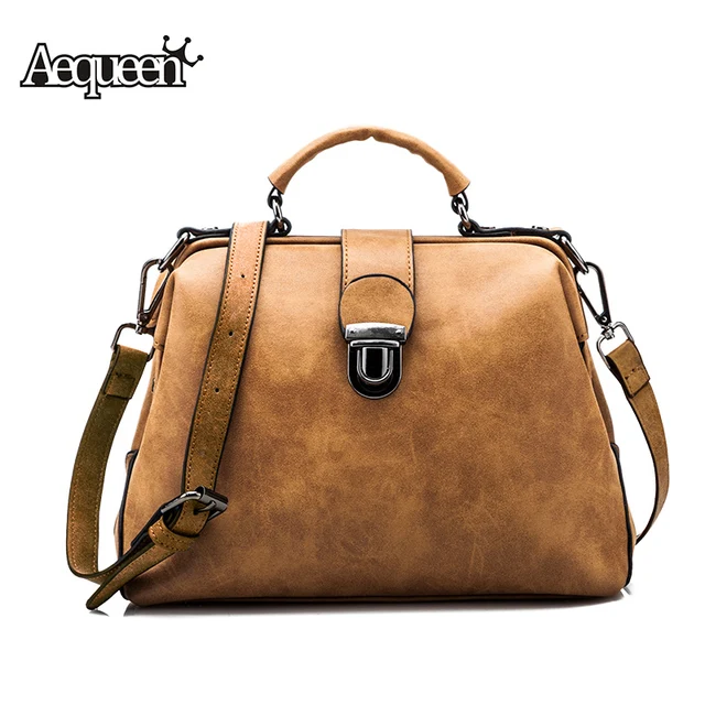 Aequeen Nubuck Leather Doctor Handbag Women Plaid Shoulder Bag Brown Aequeen Nubuck Leather Doctor Handbag Women Plaid Shoulder Bag Brown Vintage Retro Messenger Lady Tote Small