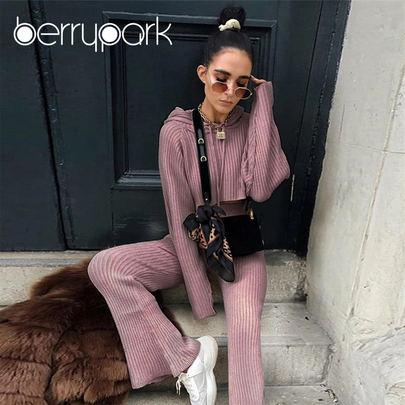 

BerryPark Knitted Sportswear 2019 Winter Women Long Sleeve Hoodies + Flare Pants Set Running Fitness Sport Clothes Dropshipping