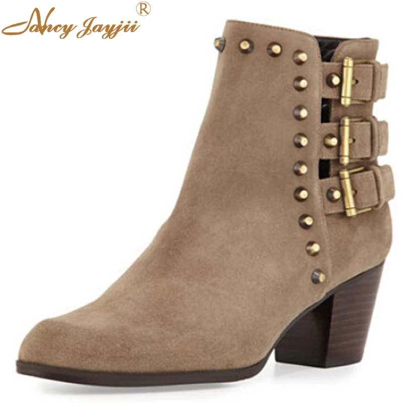 Fashion Studded Suede Ankle Rivet Low Heels Boots Shoes For Woman