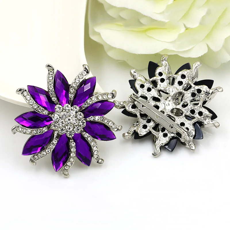Черные и фиолетовые овальные камни из смолы и стразы из кристаллов, брошь в виде цветка, булавки с серебряным покрытием