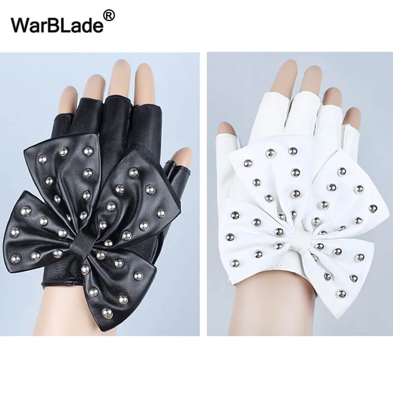 

WarBLade 2018 New Women's PU Leather Gloves Black Fingerless Gloves Ladies Luvas Dancing Party Show Big Bow Half finger Mittens