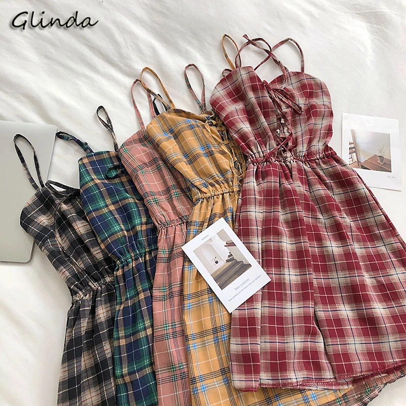 

female Bohemian Beach Mini Shorts Dress summer Casual Bandage Backless Plaid Print Sleeveless Shirt Short Dresses women Sundress