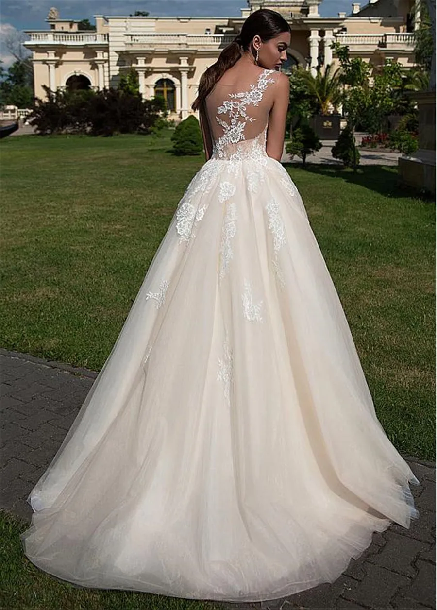 Изумительное свадебное платье из тюля с v-образным вырезом, с кружевной аппликацией, а-силуэт, цвета шампанского, свадебное платье, vestido de madrinha