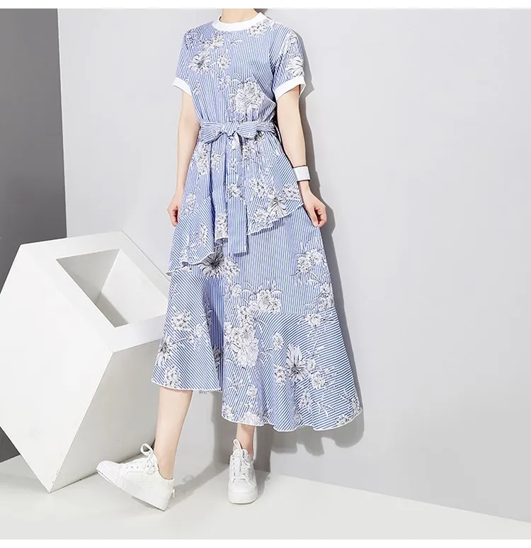 

Casual Striped Floral Print Long Dress Summer Sashes Short Sleeve Belt Layered Dress Boho Cute Ruffles Asymmetrical Beach Dress