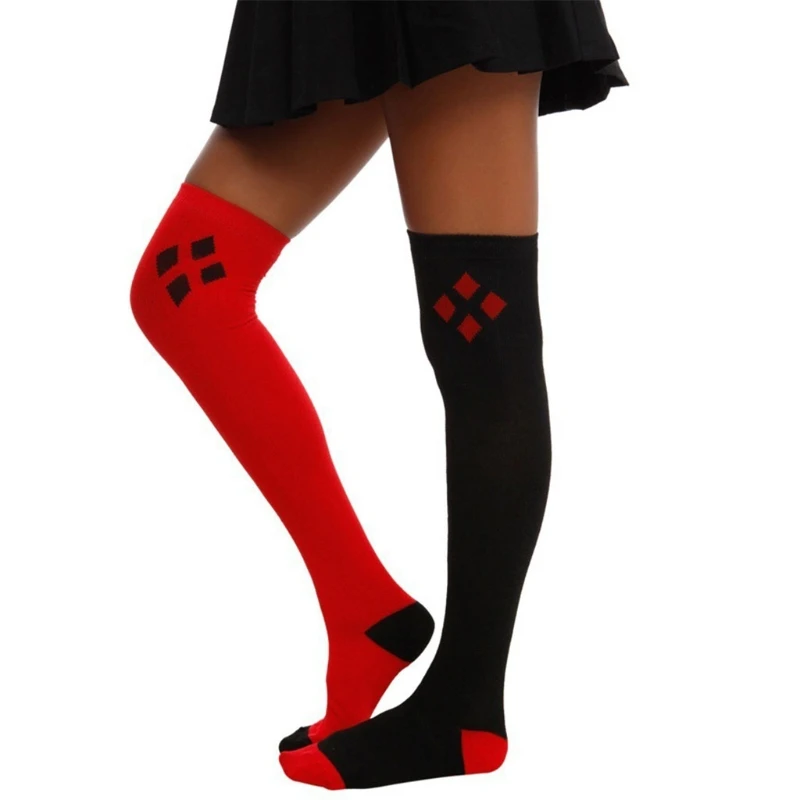 

Women Girl Winter Boots Cuff Black Red Diamond Printed Knee High Stockings