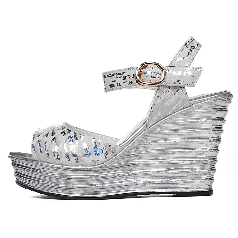 

Summer Women Platform Sandals Leather Open-toe Wedges Thick Soles 10 CM High Heels Buckle Shoes Woman Box Packing F387