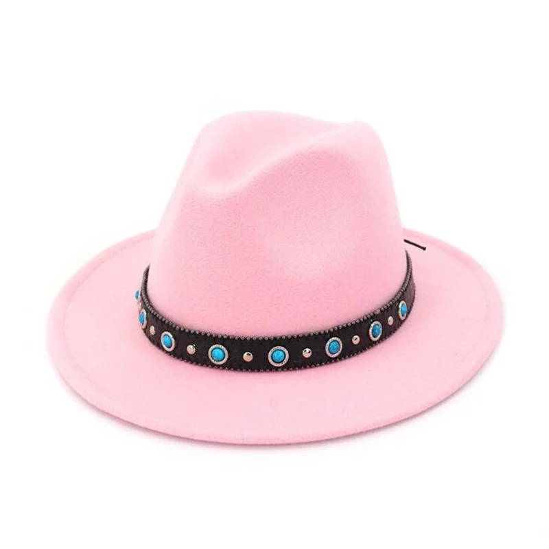 Войлочная шерсть Женские фетровые шляпы с поясом Для женщин Винтаж шляпы Трилби шерстяная шляпа теплая джаз шапка Femme feutre шляпа Панама H3 - Цвет: pink
