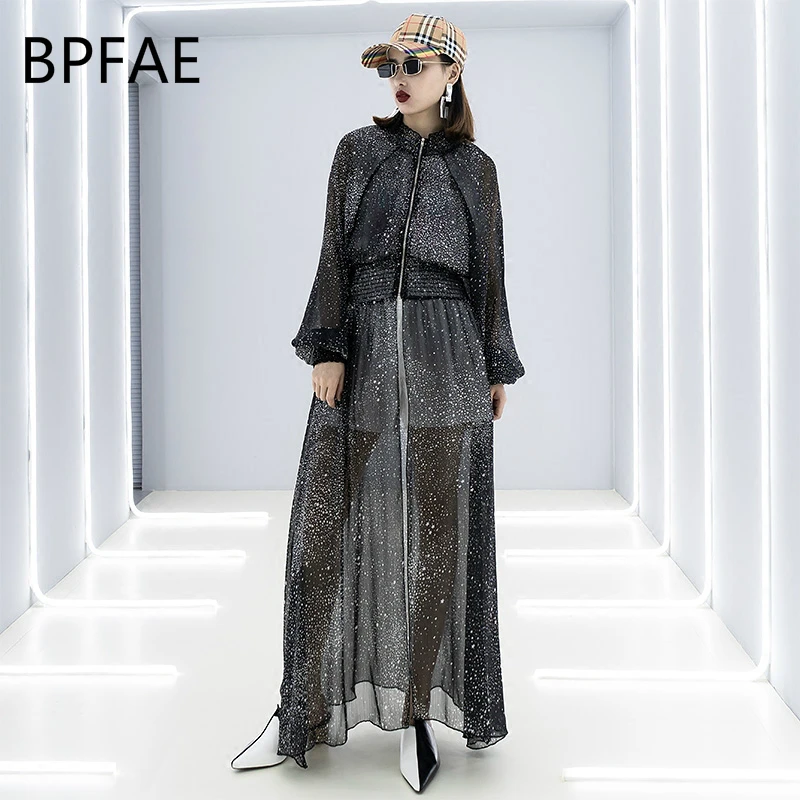 

Long Sleeve Zipper Perspective Chiffon Summer Dresses Women Sunscreen Long Starry Sky Stars Dots Sprinted Elastic Waist Dress