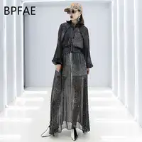Long Sleeve Zipper Perspective Chiffon Summer Dresses Women Sunscreen Long Starry Sky Stars Dots Sprinted Elastic Waist Dress