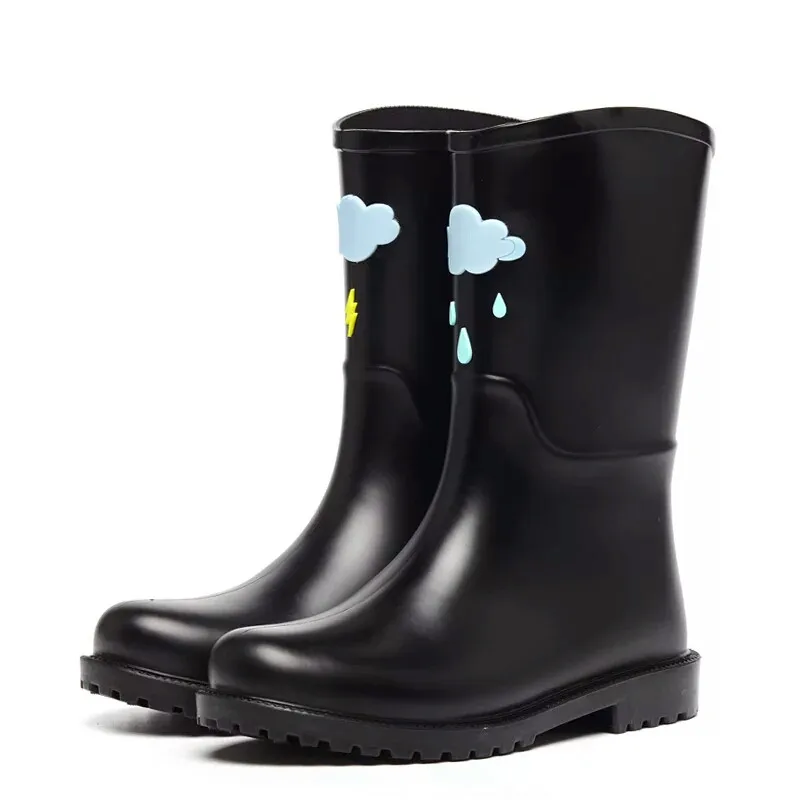 Rouroliu/женские непромокаемые сапоги ручной работы, непромокаемая обувь, женские резиновые сапоги с милым рисунком, резиновые сапоги RT307 - Цвет: Black raindrops