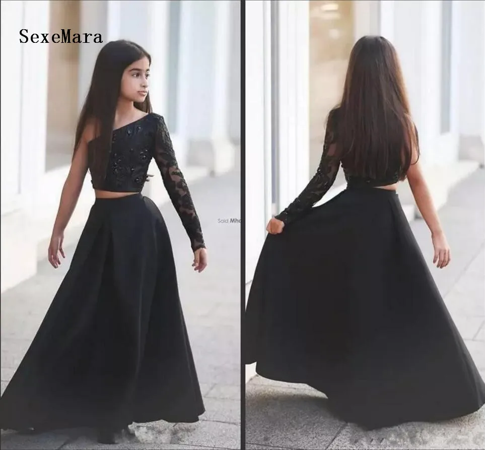 Черные пышные платья из двух предметов для девочек, длинное детское платье с длинным рукавом и трапециевидной формы, платье с цветочным