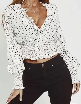 

2020 Women's Dot Printing Boho Blouses Long Sleeve Ruffles Sexy Shirts V-neck Chiffon Short Blouses Slim Vintage Boho Shirts Top
