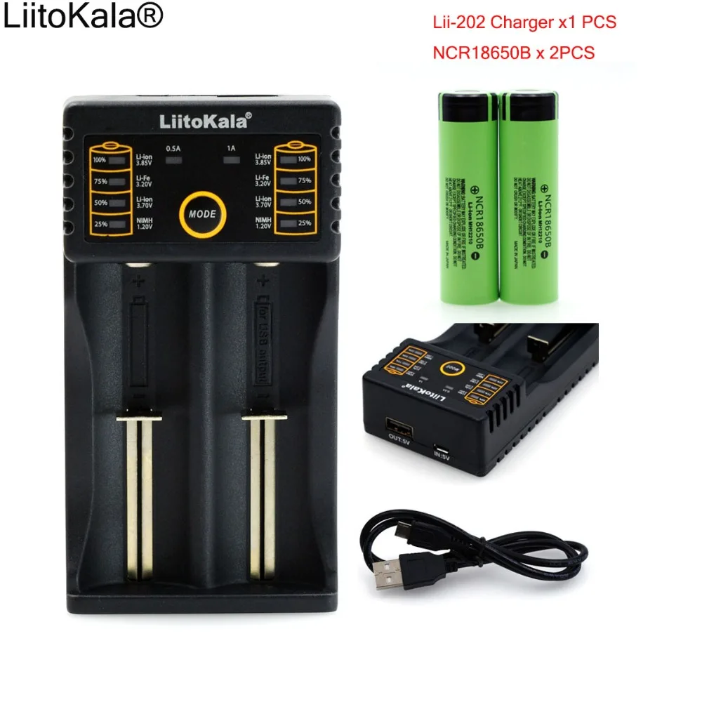 Liitokala Lii-202 1,2 V 3,2 V 3,7 V AA AAA 18650 зарядное устройство+ 2 шт NCR18650B 3400mAh 18650 аккумуляторная батарея