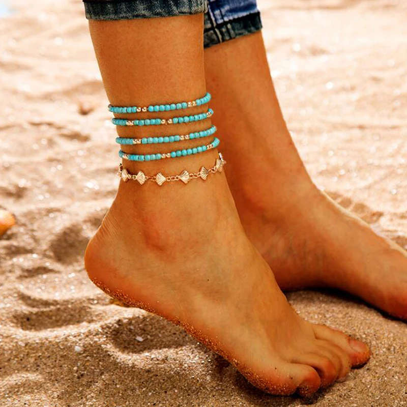 New 5pcs/lot Blue Turquoises Beads Anklet Bracelet On The Leg Gold