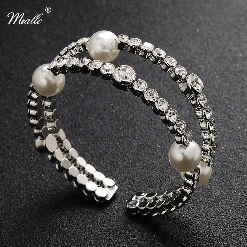 

Miallo Newest Crystal Pearls Prong Setting Open Women Party Bangles Wedding Bride Bridesmaids Bracelets & Bangles