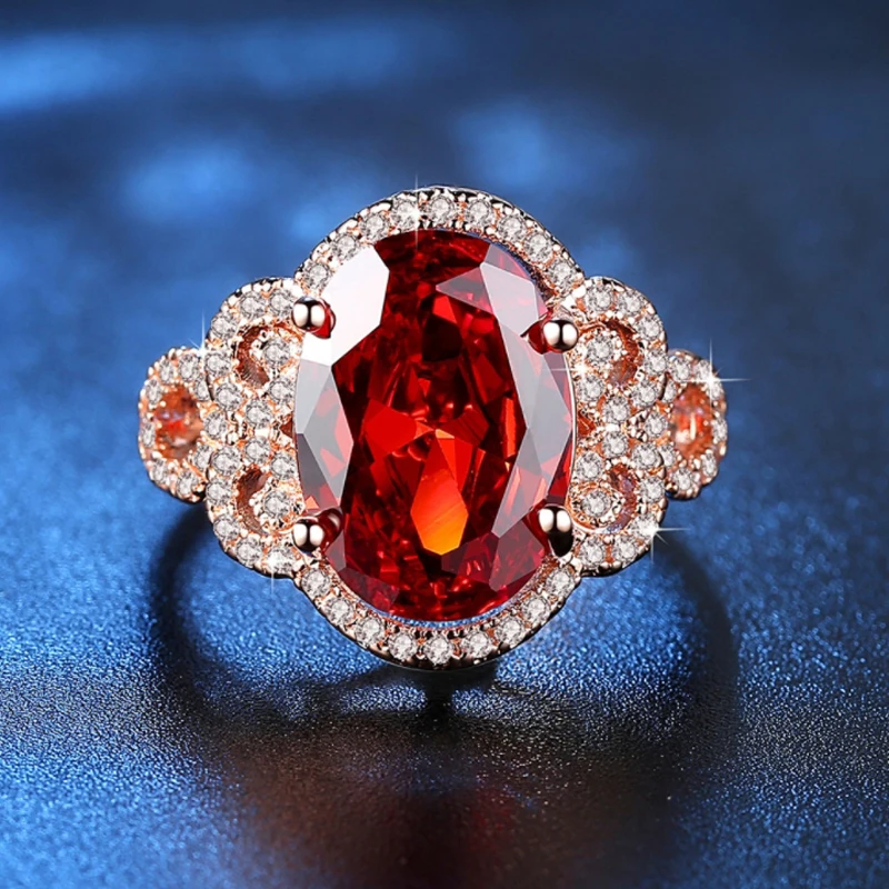 Роскошный AAA красный высокое качество овальный CZ циркон розовое золото цвет кольцо на палец с отверстиями романтическое обручальное