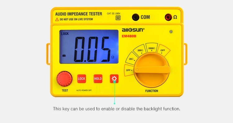 ALL SUN EM480B Audio Impedance Tester CATIII Test Ranges 20/200/2000 Resistance Meter 1KHz Timer Function Data Hold