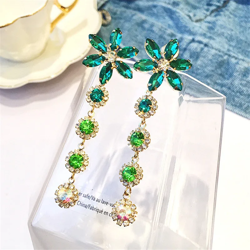 FYUAN длинные висячие серьги с кисточкой для женщин Bijoux зеленый цветок Кристалл Модные серьги с подвесками Ювелирные изделия Подарки