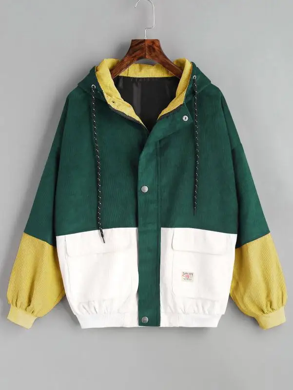 Ceny Styl preppy styl sztruks patchwork kolor bloku kobieta płaszcz jesień zima z długim rękawem zipper slim sztruks kobiet męskie płaszcze