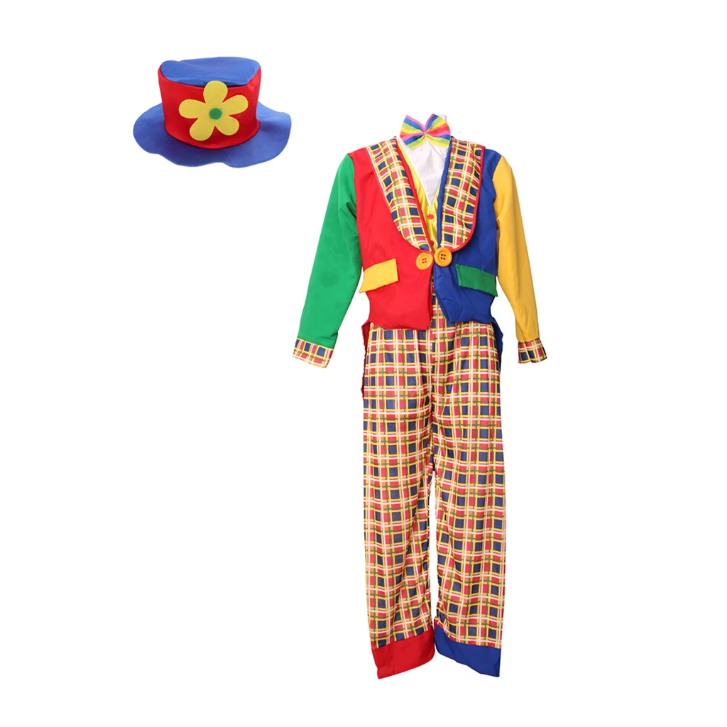 Comedy Clown Costume Halloween Party Tops Coat Pant Hat Set Joke Adult Fancy Dress