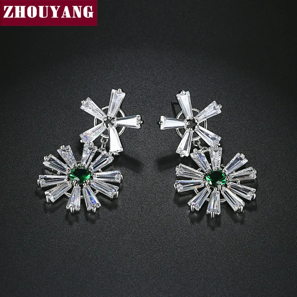 ZHOUYANG Drop Earring For Women Elegant Style Two-color Flower Cubic Zirconia Silver Color Birthday Gift Fashion Jewelry E148