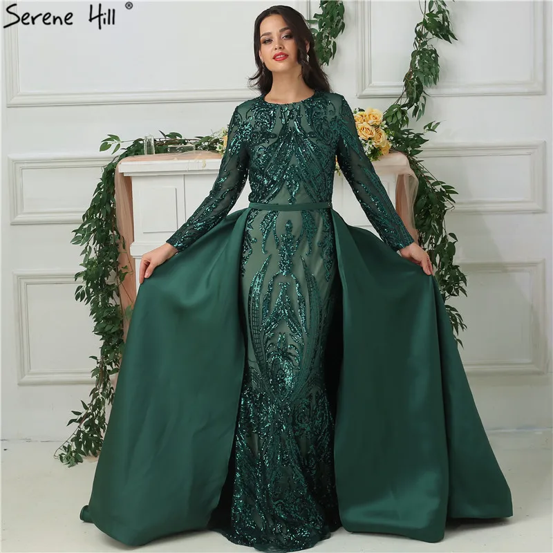 Зеленое, с длинным рукавом, роскошное вечернее платье русалки с аппликацией, расшитое блестками, модные вечерние платья со шлейфом,, Serene Хилл LA6613